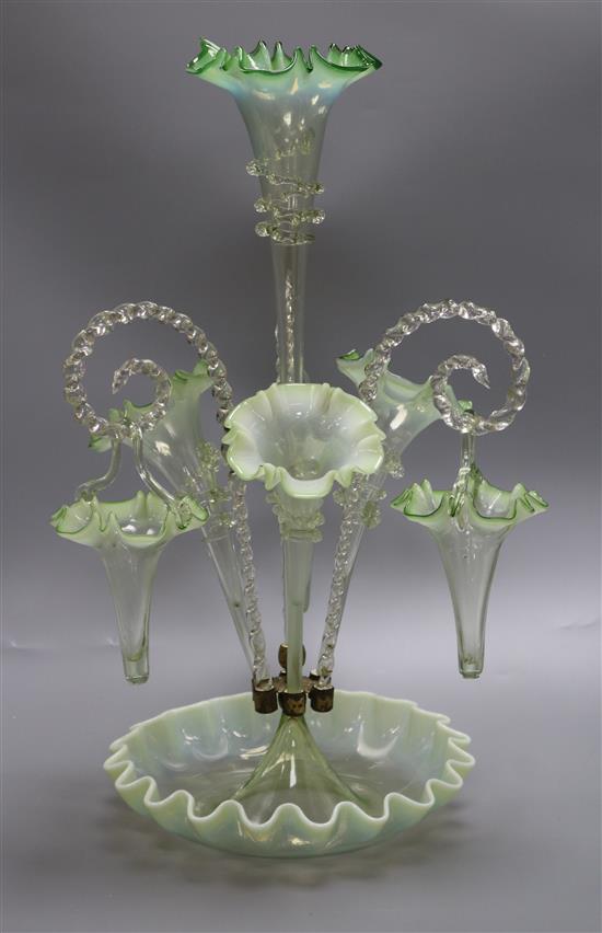 A late Victorian vaseline glass three branch epergne 55cm high